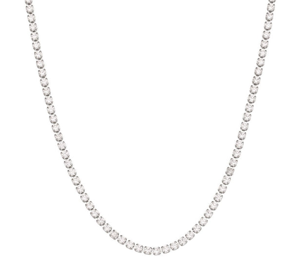 Silver chain tennis necklace on a white background