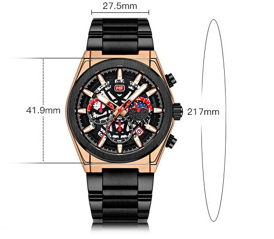 Black and rose gold men's quartz watch with measurements on a white background