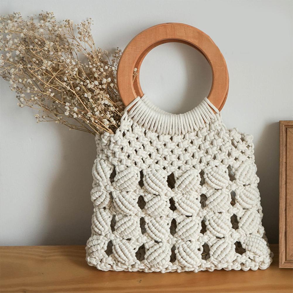Women’s Cotton Rope Straw Bag with Wooden Handle