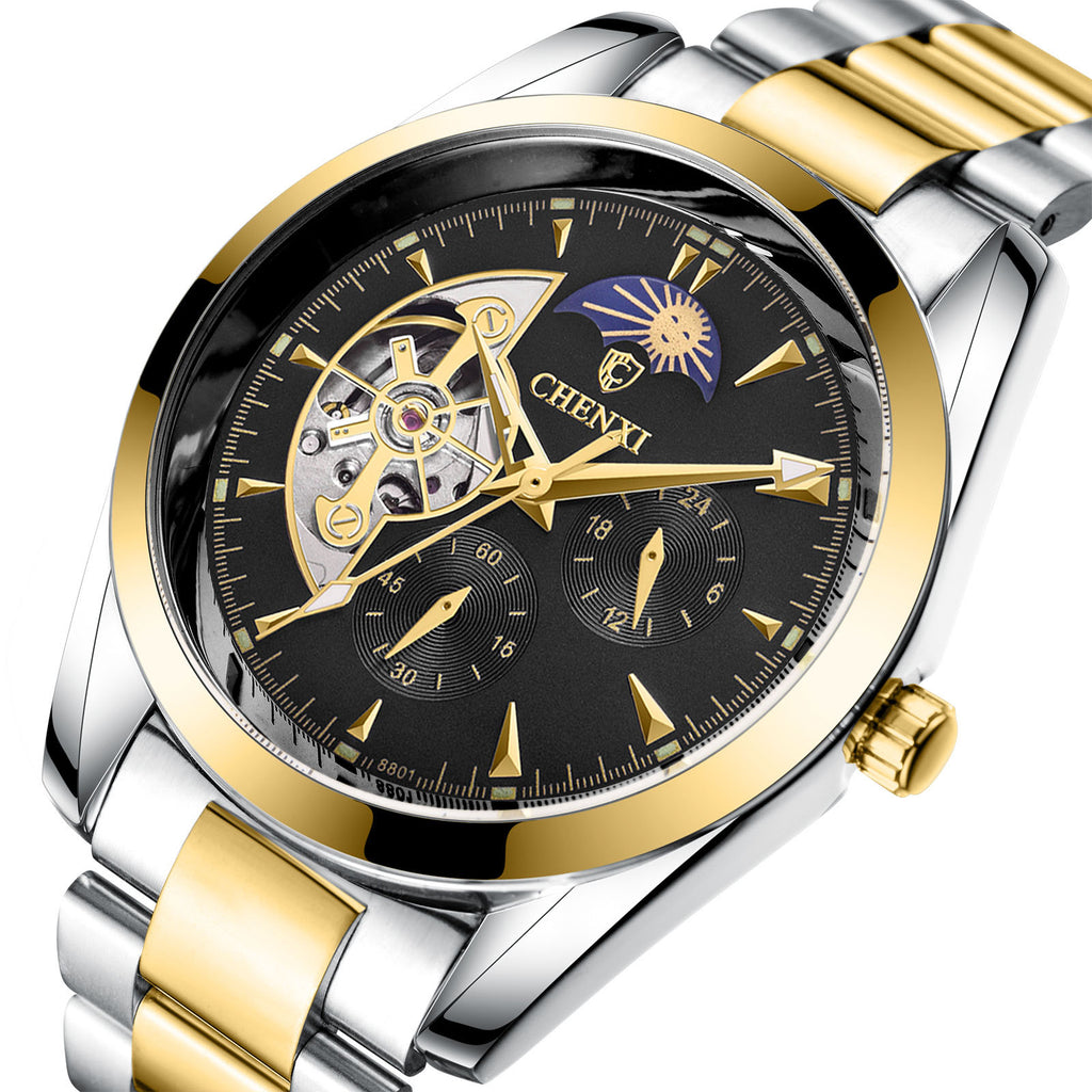 Luxury mens business quartz watch with gold and silver band