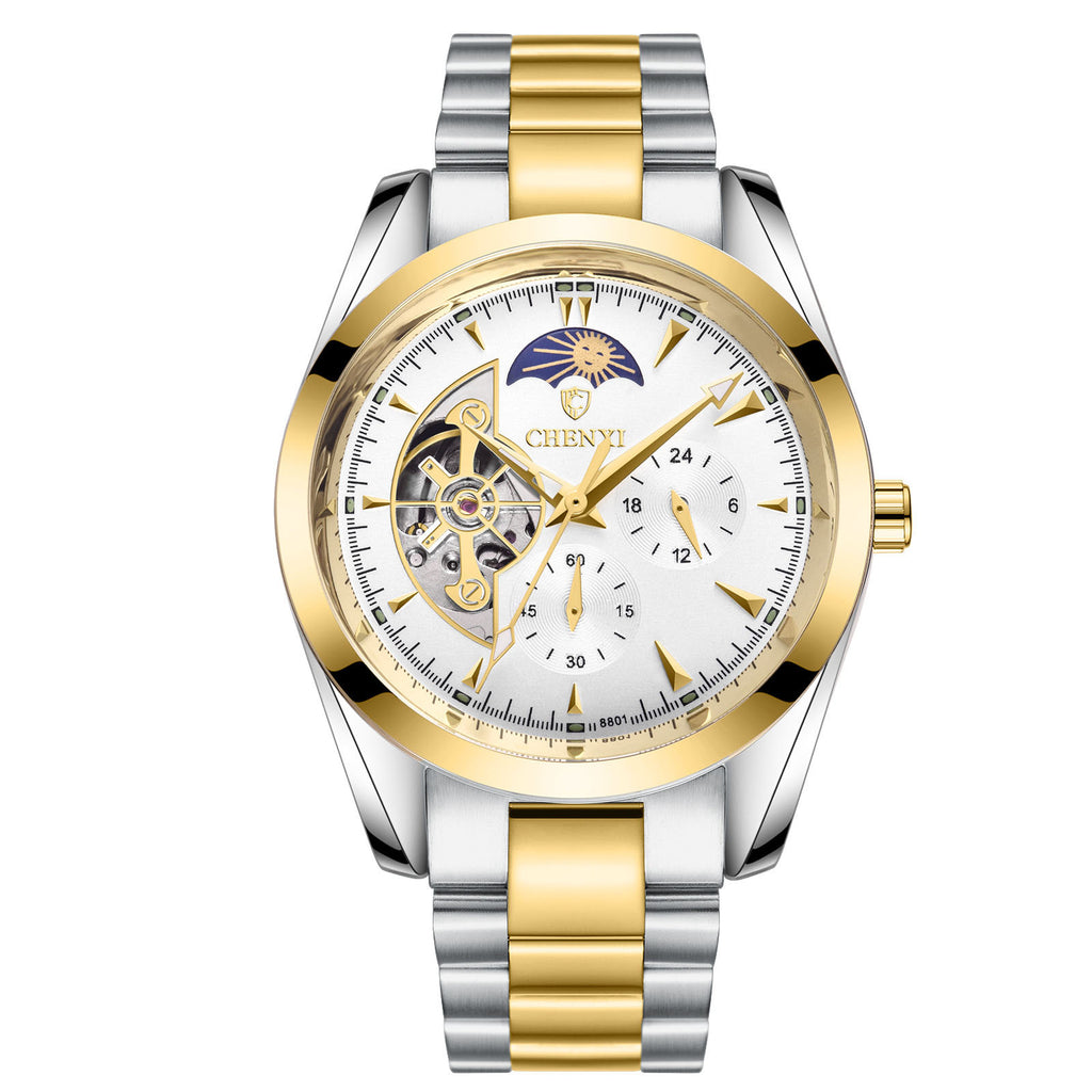 Gold and silver mens business quartz watch with white face