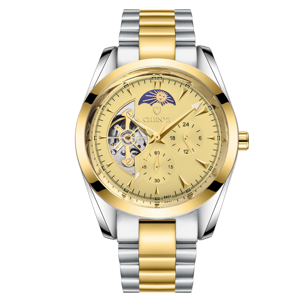 Gold and silver business quartz watch with detailed face