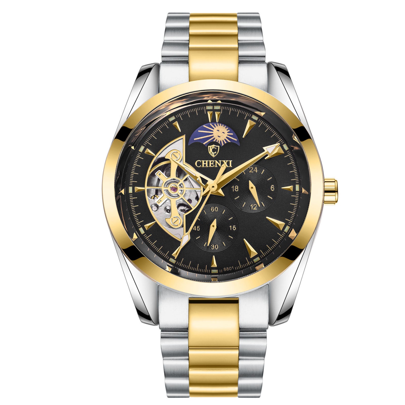 Chenxi mens business quartz watch with silver and gold band