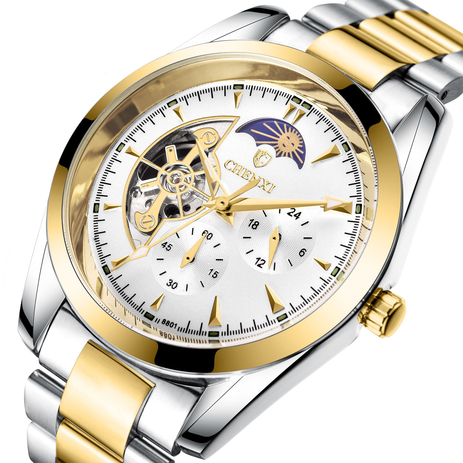 Gold and silver mens business quartz watch with a detailed white face