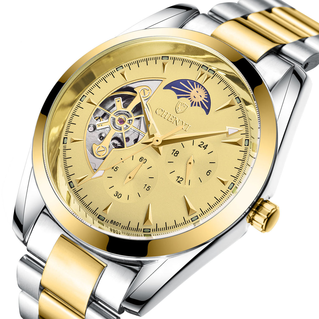 Gold and silver men's business quatz watch with visible brand logo