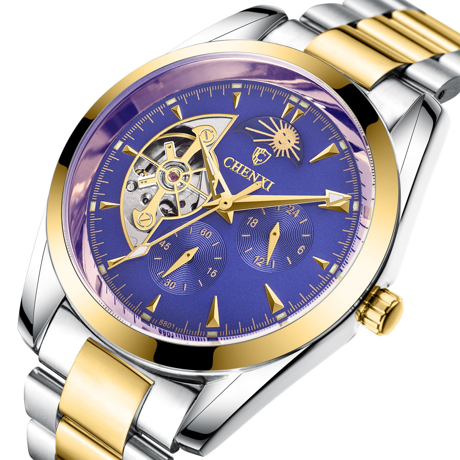 Luxury mens business quartz watch with a blue face and gold accents
