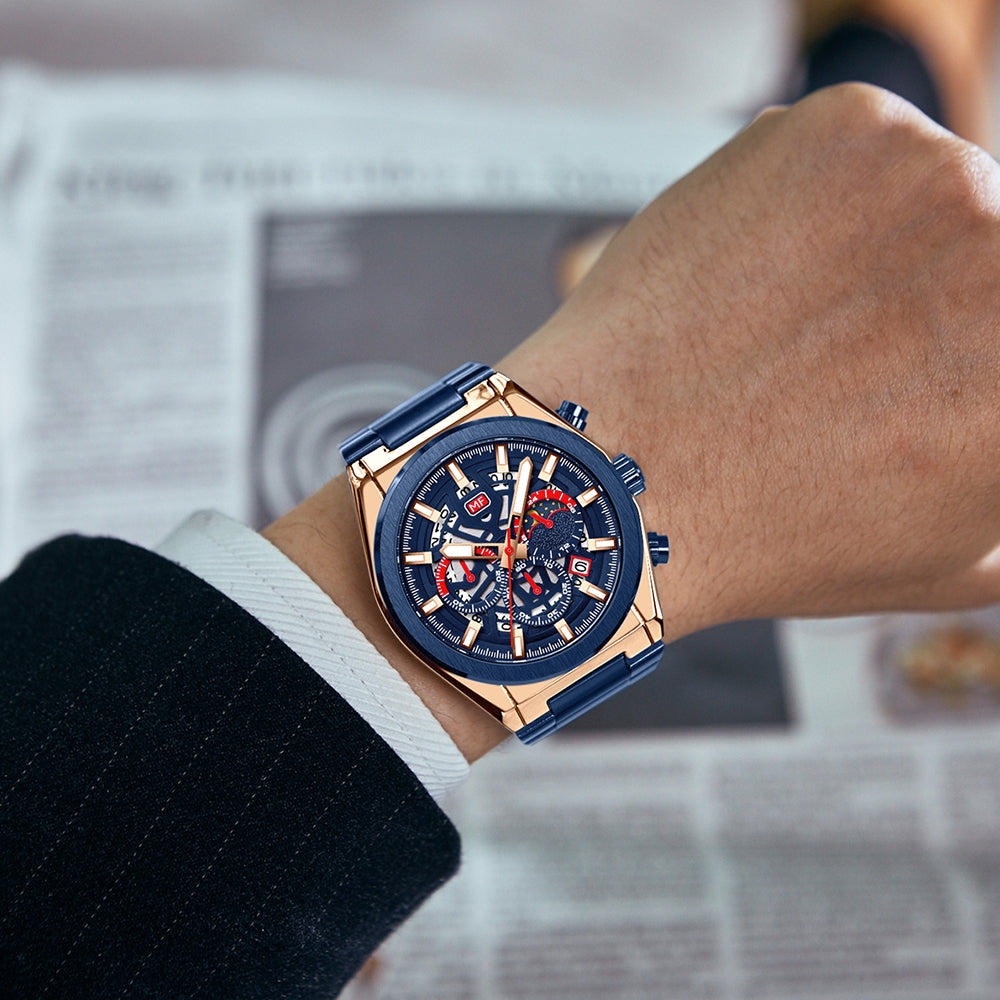Luxury men's quartz watch with blue and rose gold design on a wrist