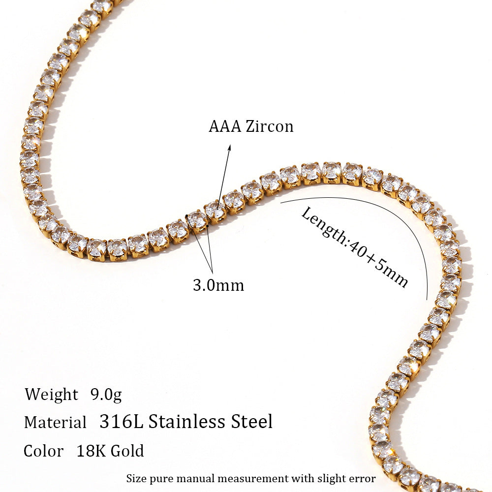 Gold tennis necklace with zirconia stones on a white background, showing measurements