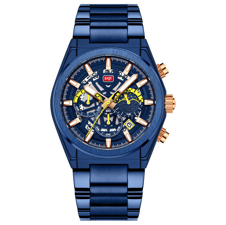 Blue men's quartz watch with detailed face on a white background