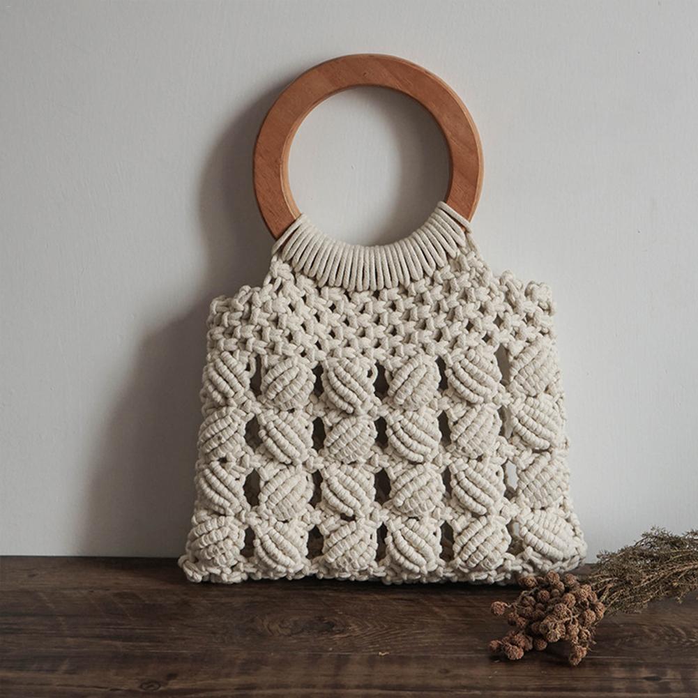Women’s Cotton Rope Straw Bag with Wooden Handle