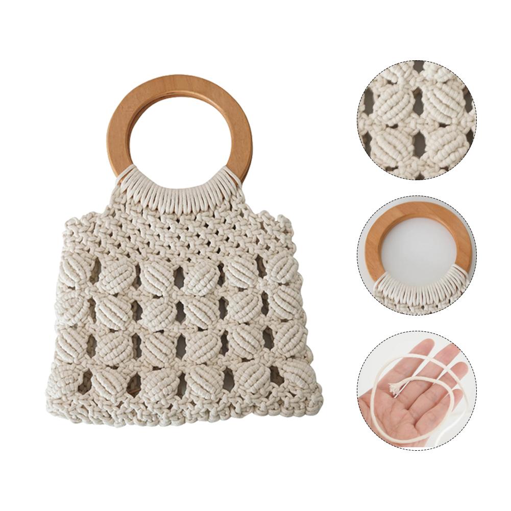 Women’s Cotton Rope Straw Bag with Wooden Handle