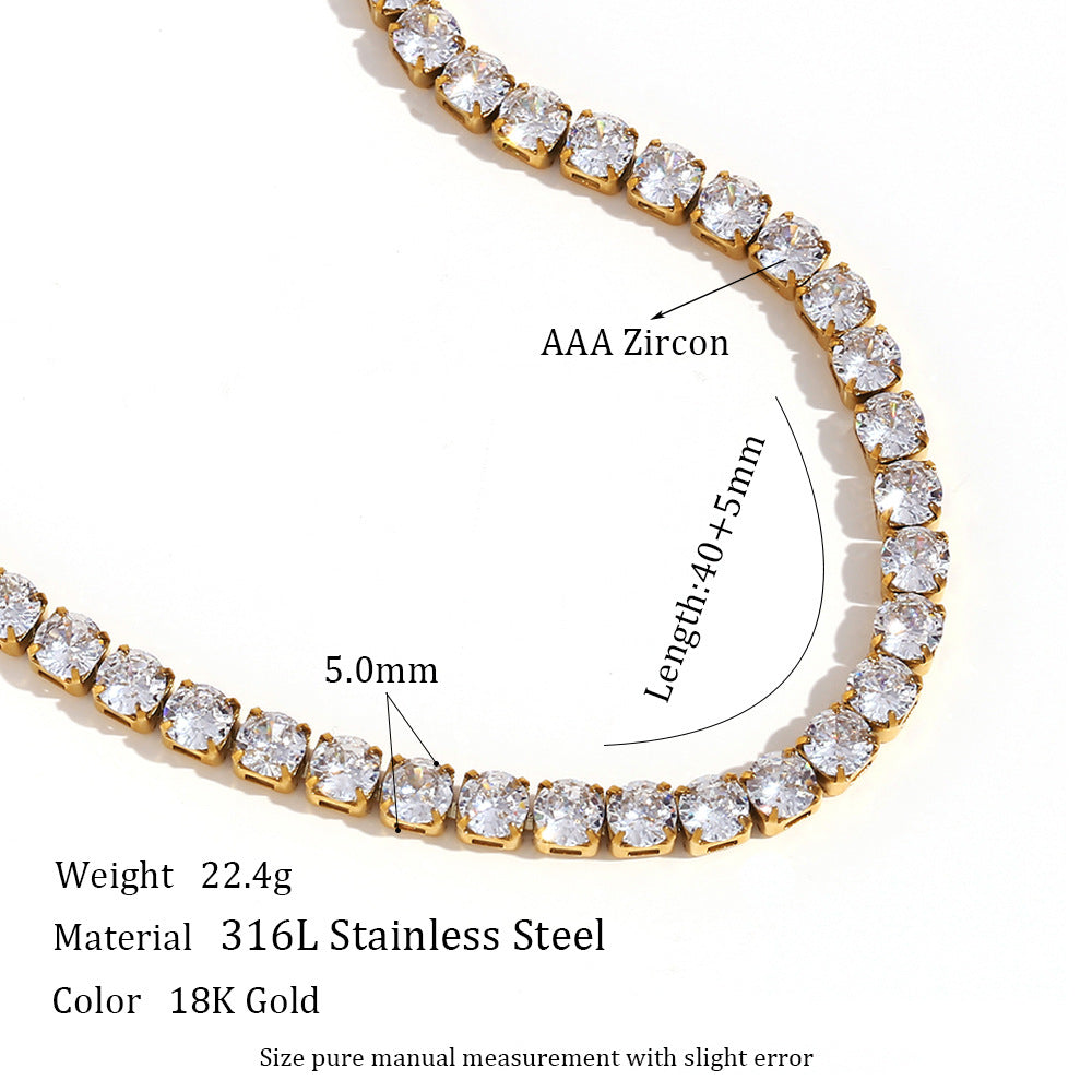 Gold tennis necklace with zirconia stones, showing measurements and material details
