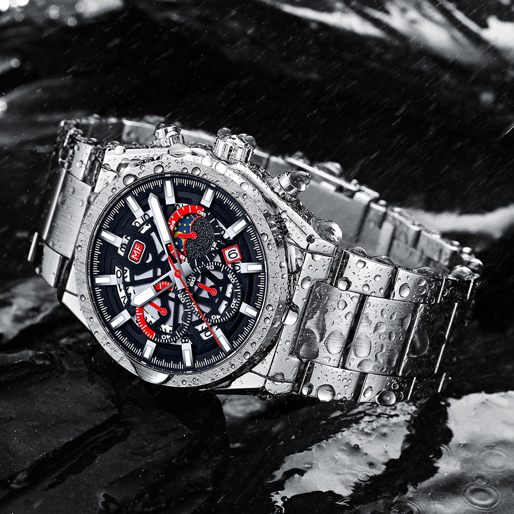 Silver men's quartz watch with a detailed face on a wet stone surface