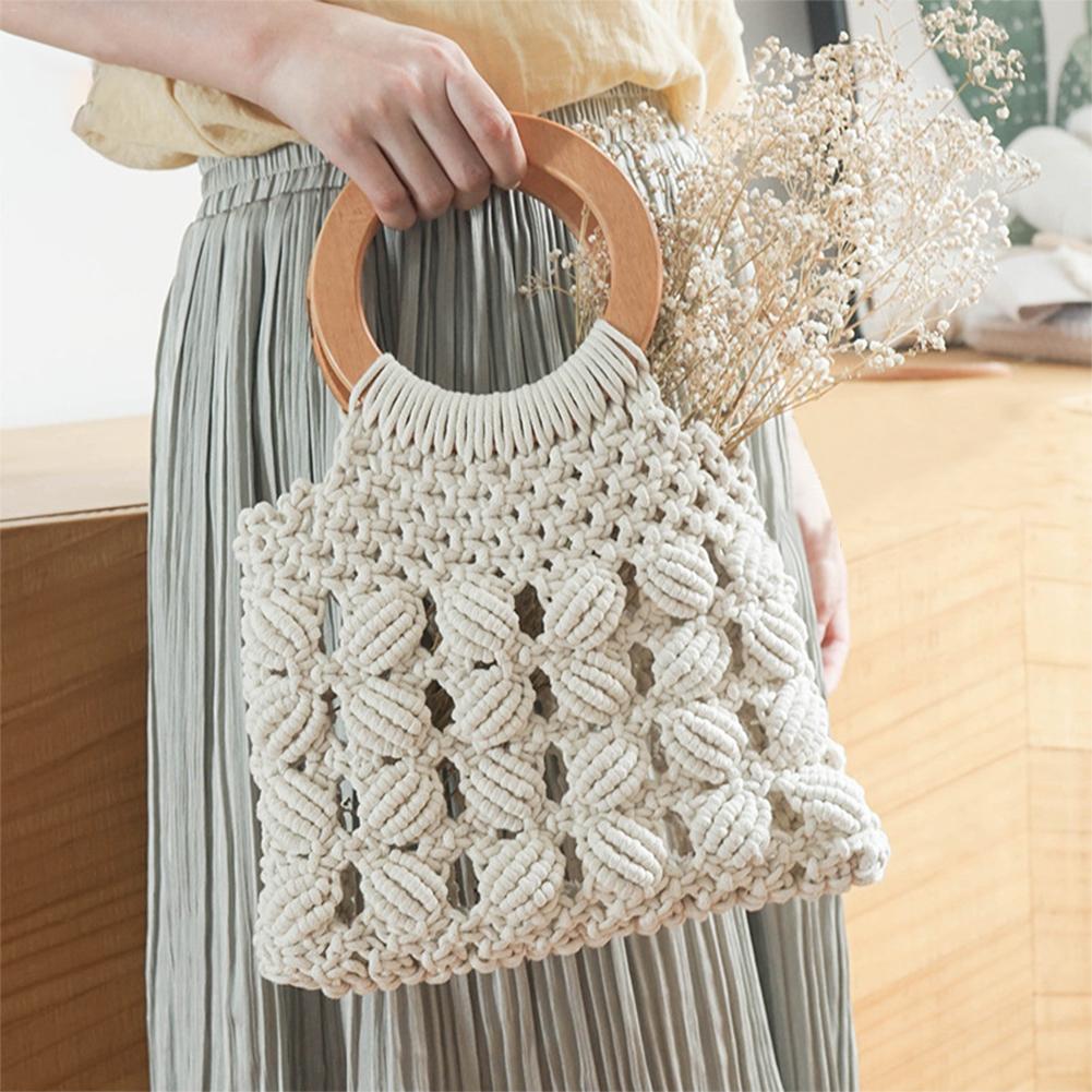 Women’s Cotton Rope Straw Bag with Wooden Handle