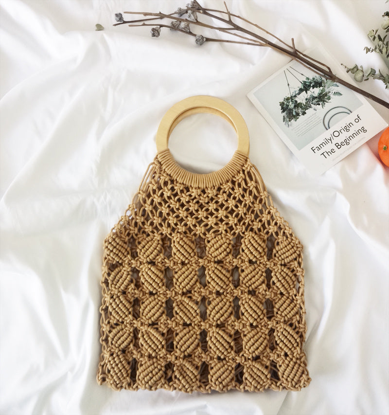 Women’s Cotton Rope Straw Bag with Wooden Handle