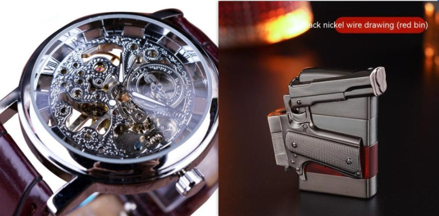 Mechanical watch with intricate design on the left and a metallic lighter