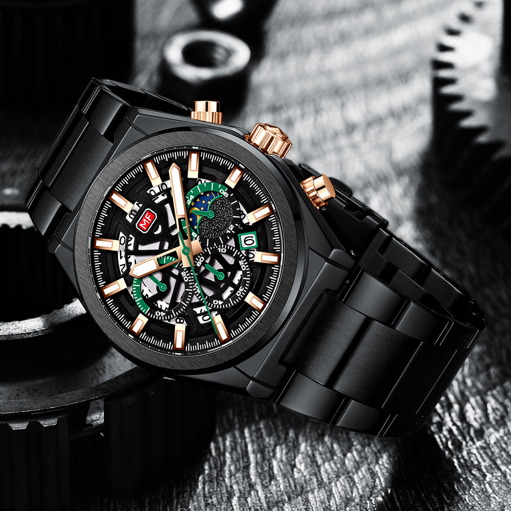 Black men's quartz watch with detailed face on a textured surface