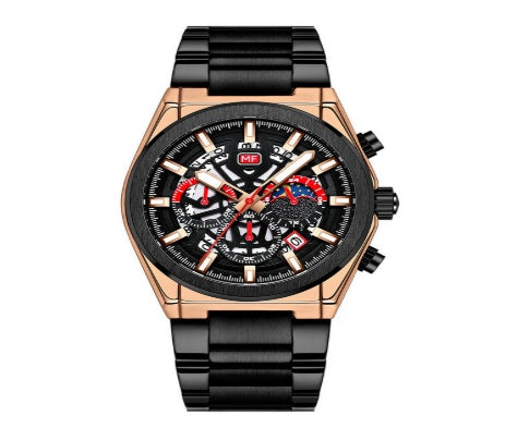Luxury men's quartz watch with black and rose gold design