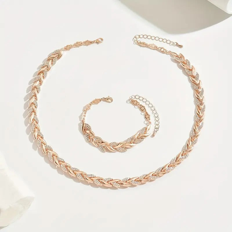 Rose gold braided leaft necklace and bracelet
