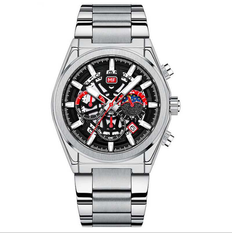 Silver men's quartz watch with a black face on a white background