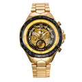 Gold mens mechanical watch with a detailed face on a white background