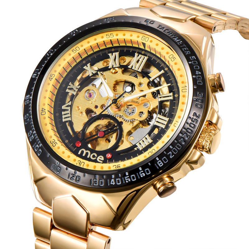 Gold mens mechanical watch with intricate design on a white background