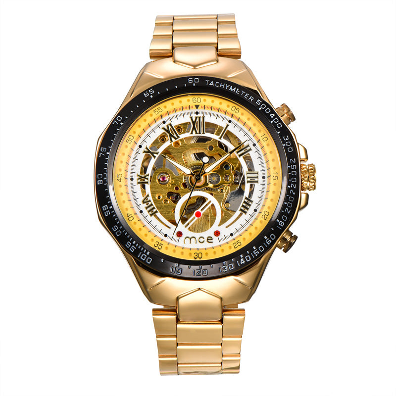 Gold mens mechanical watch with a detailed mechanical face