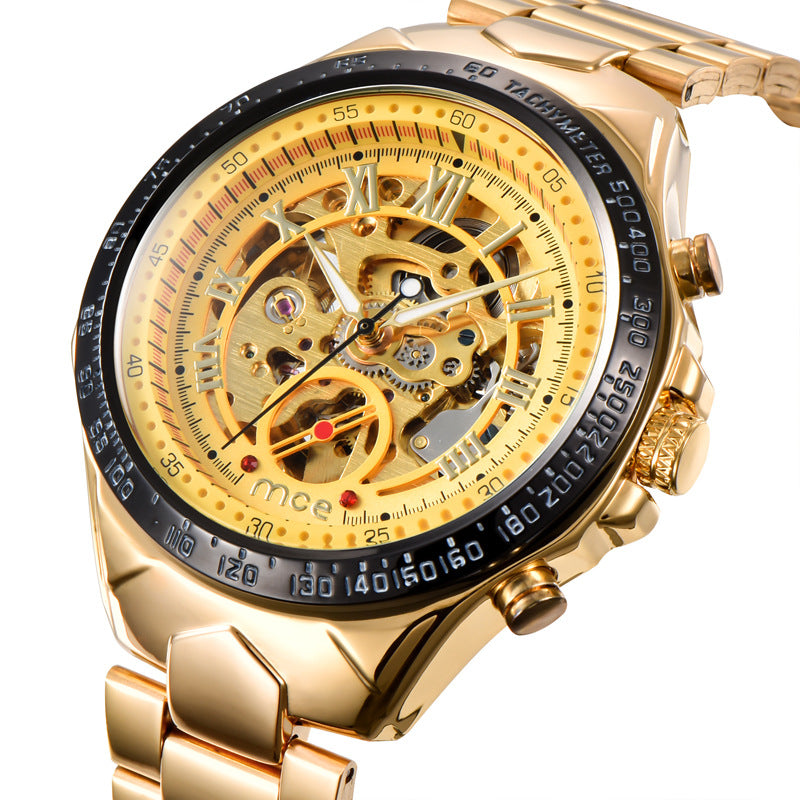Gold mens mechanical watches with intricate design on a white background
