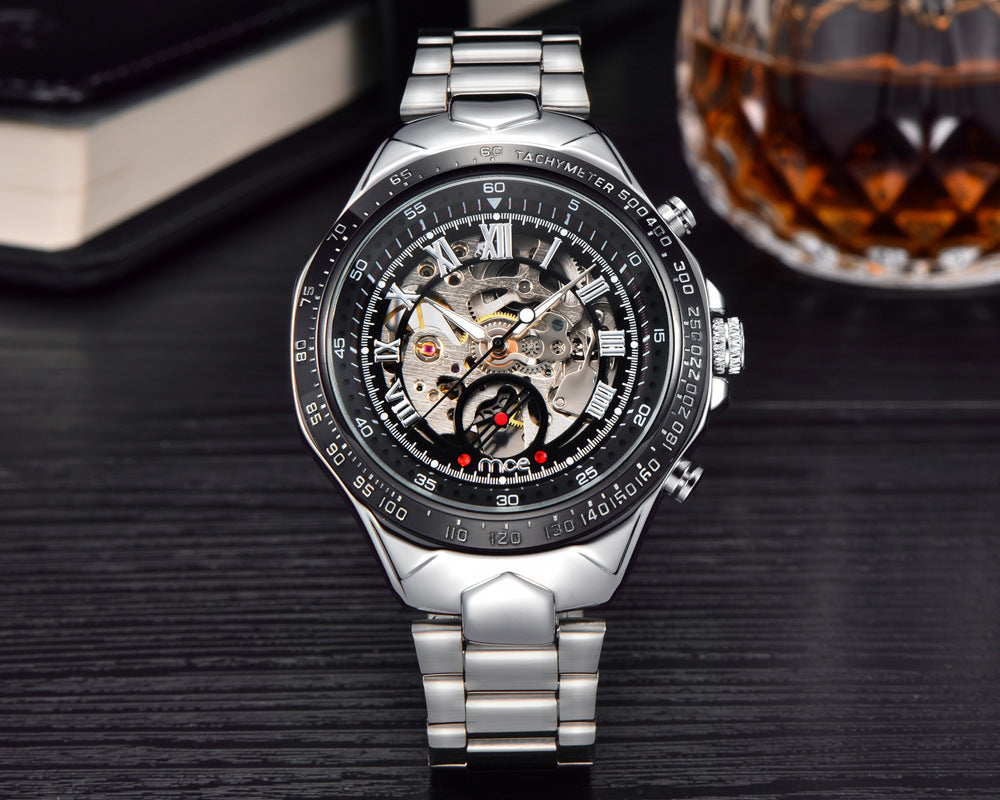 Silver mens mechanical watch with a detailed face