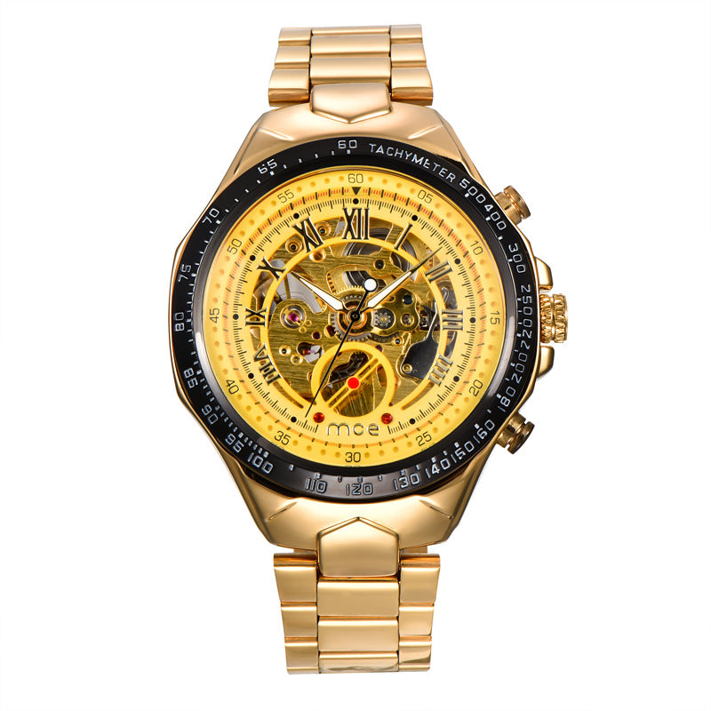 Gold mens mechanical watch with a detailed face