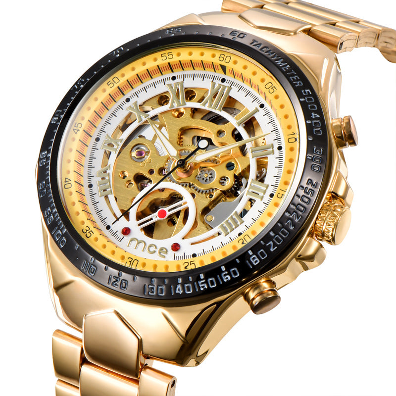 Gold mens mechanical watch with intricate design on a white background