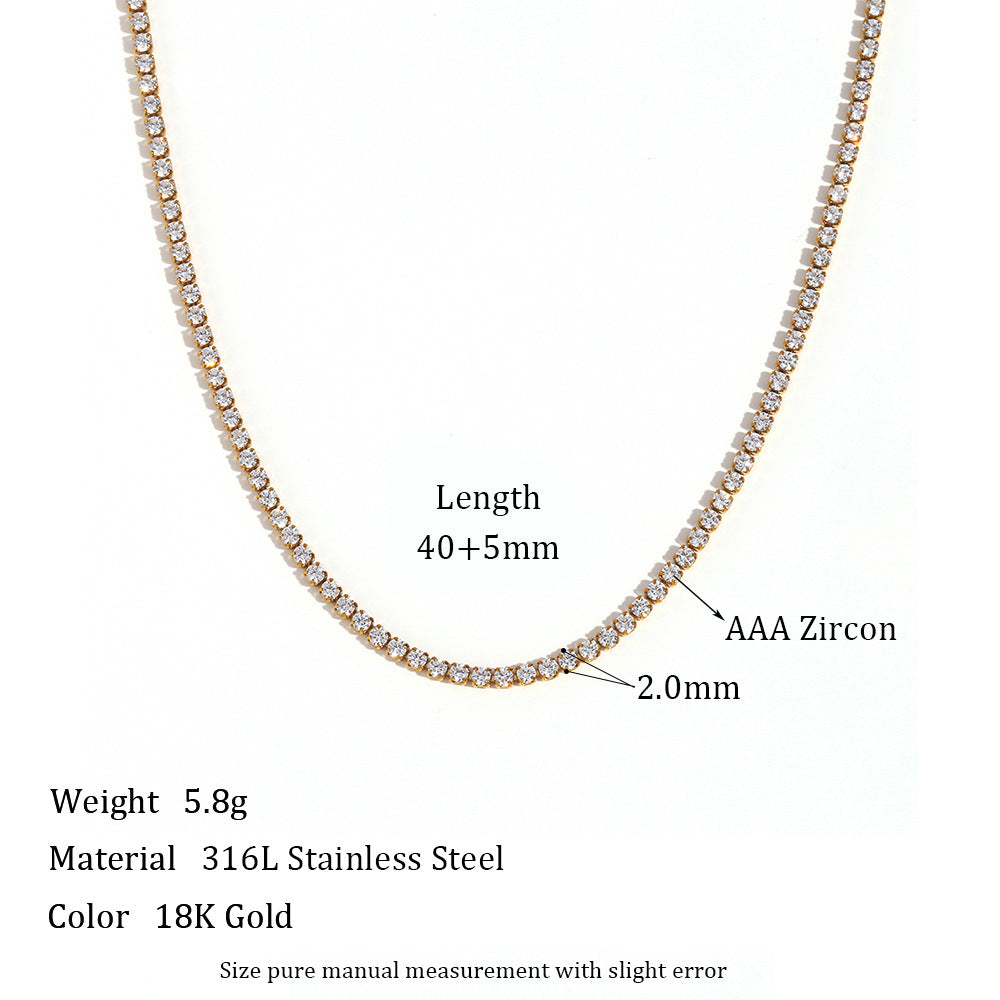 Gold tennis necklace with zirconia stones, showing product details.