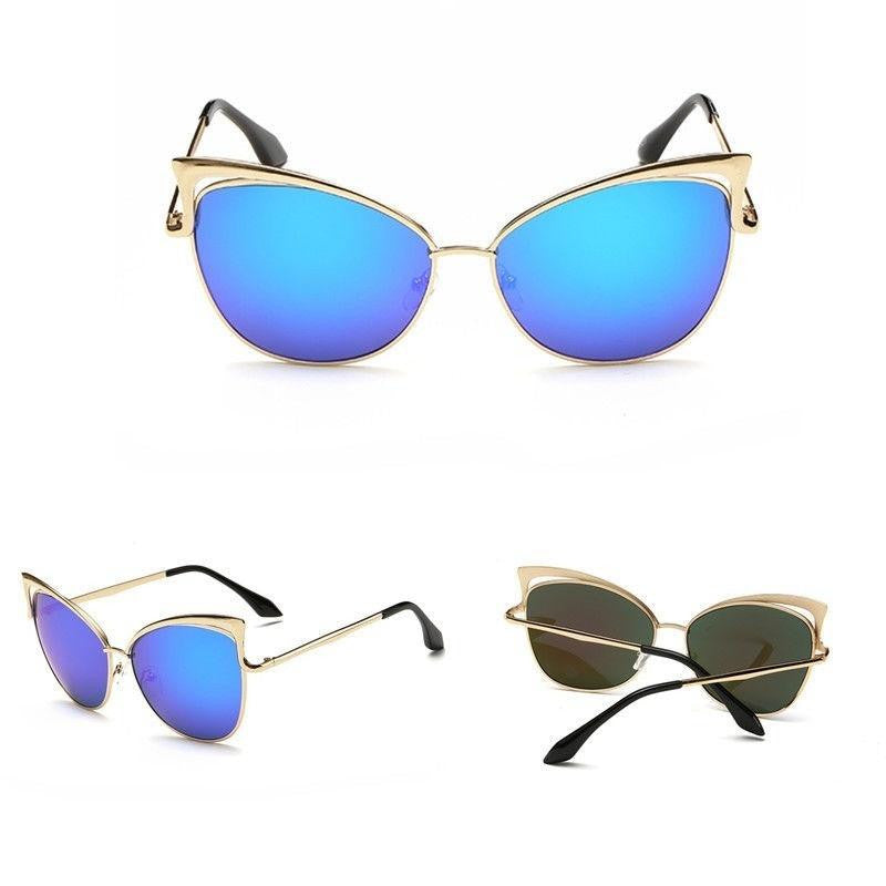 Three pairs of cat-eye sunglasses with gold frames and reflective lenses on a white background.