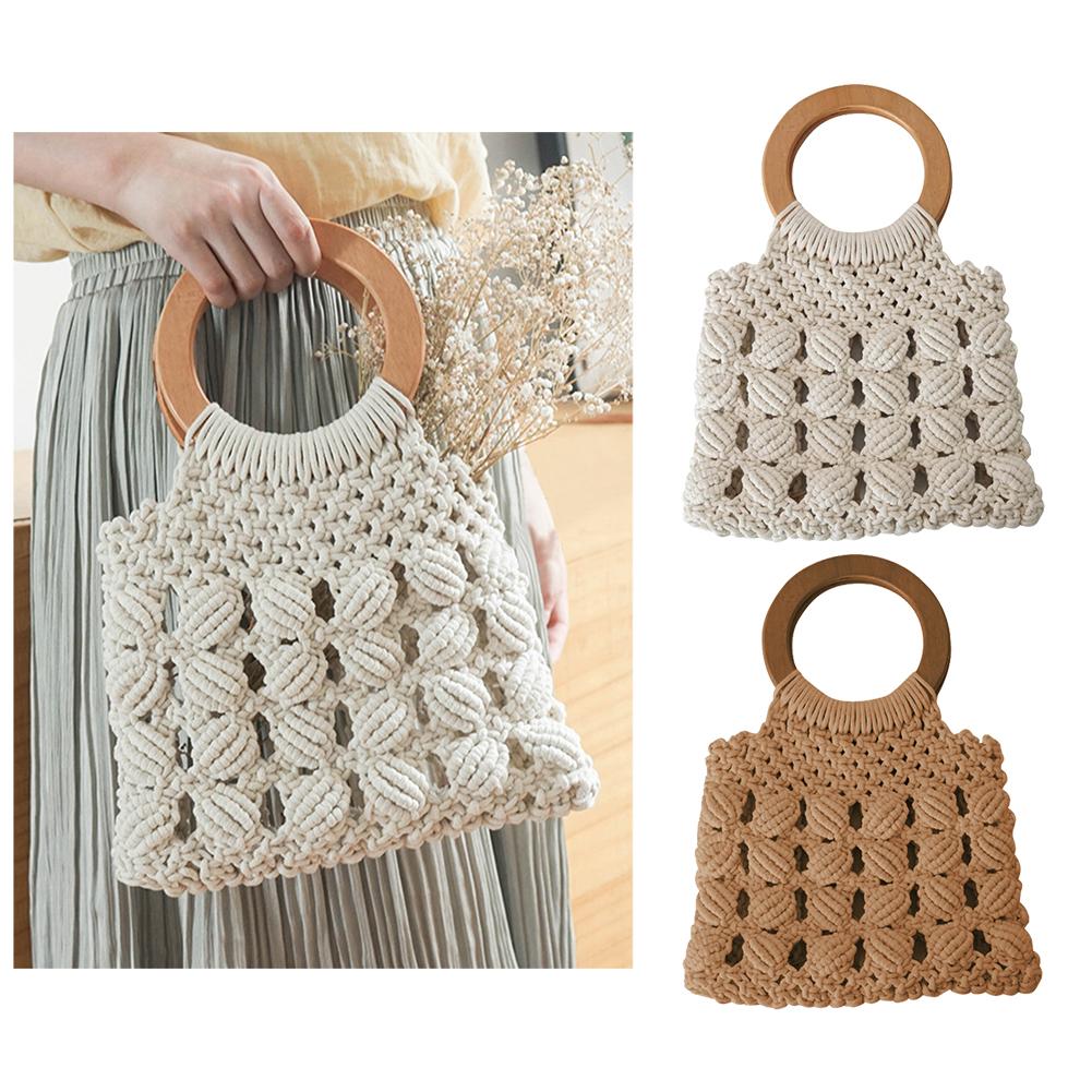 Women’s Cotton Rope Straw Bag with Wooden Handle