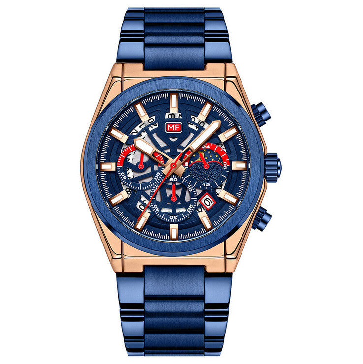 Blue and rose gold men's quartz watch with a detailed face