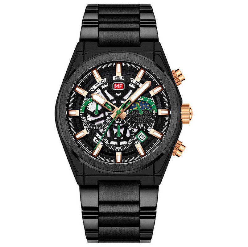 Black men's quartz watch with detailed face on a white background