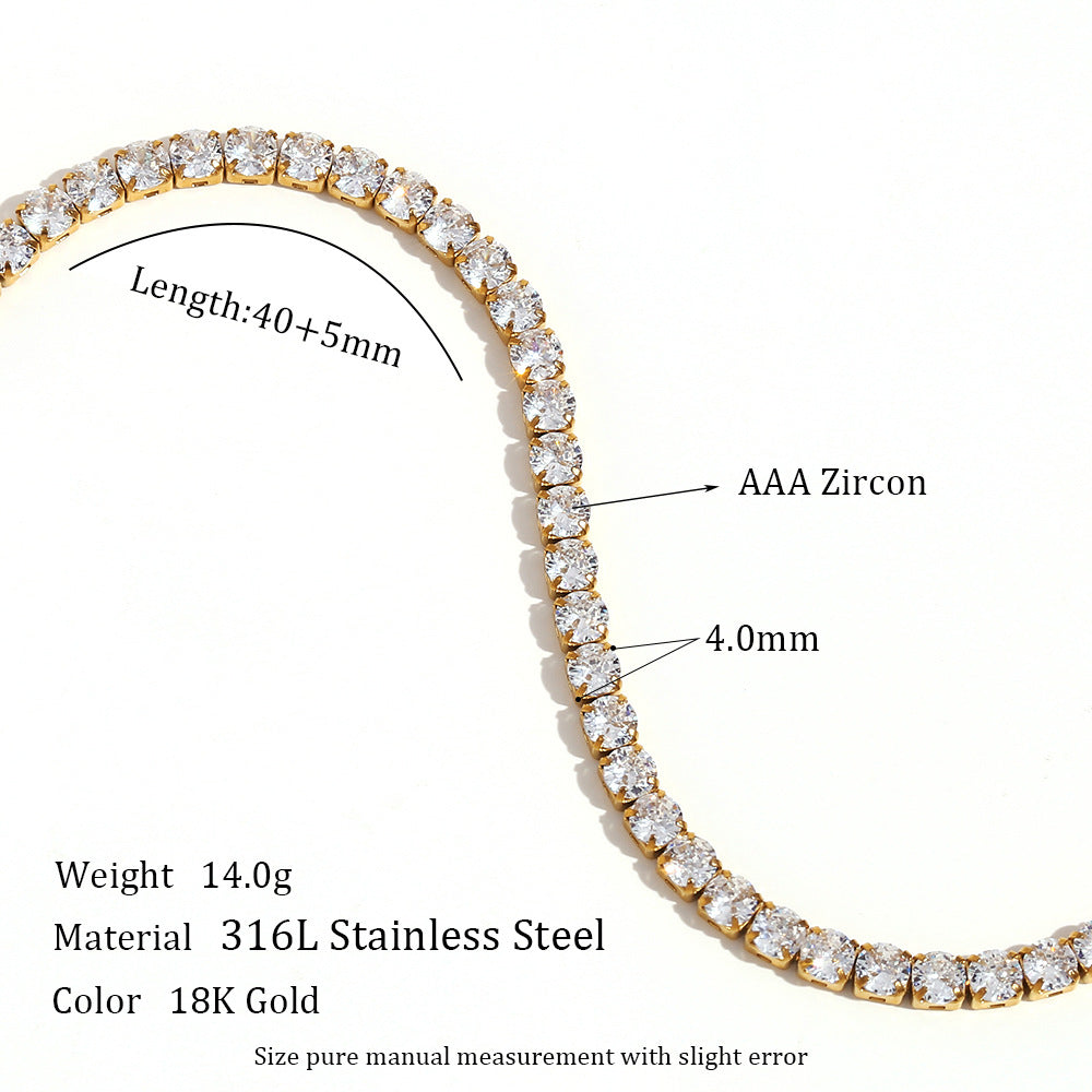 Gold tennis necklace with zirconia stones, showing measurements and material details on a white background.