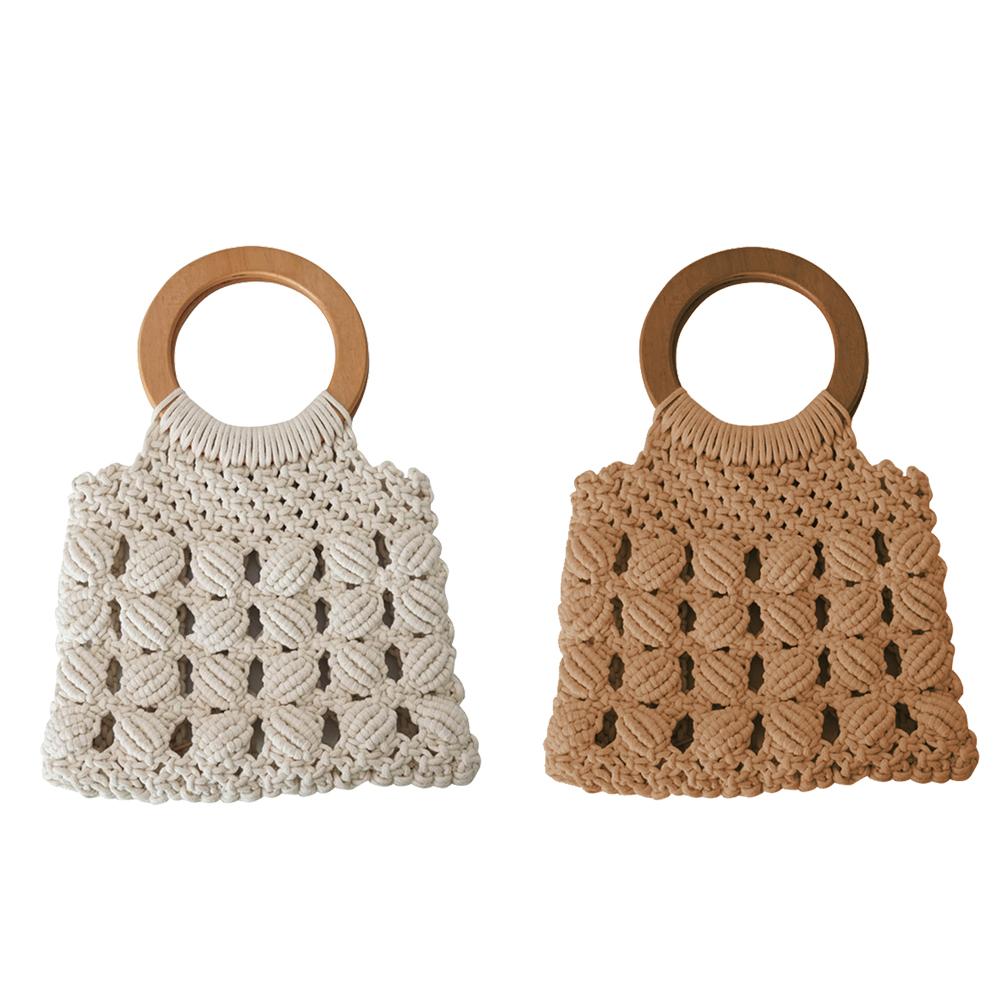 Women’s Cotton Rope Straw Bag with Wooden Handle