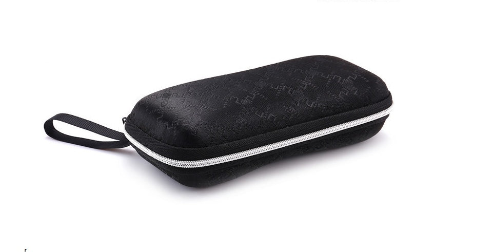 Black hard-shell carrying case with a white interior on a white background
