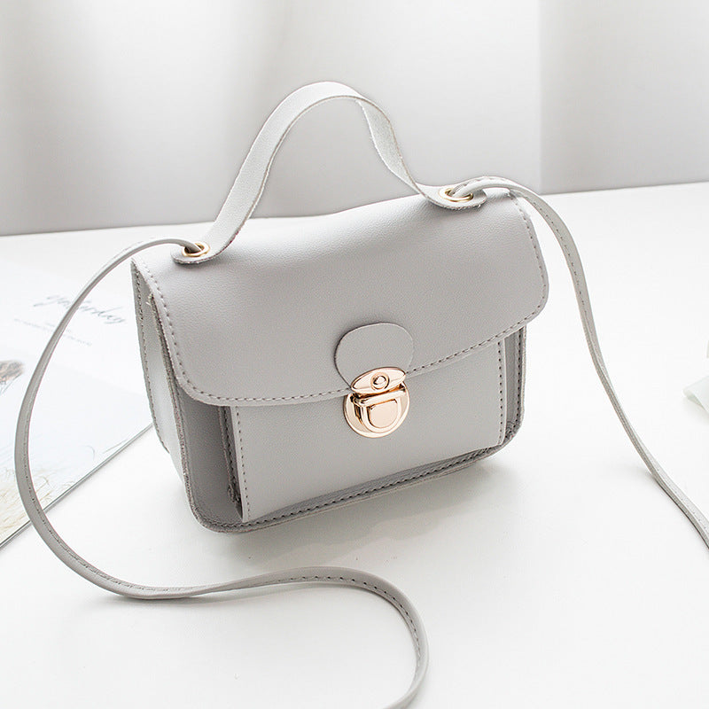Gray women's mini crossbody bag with a gold clasp on a white surface
