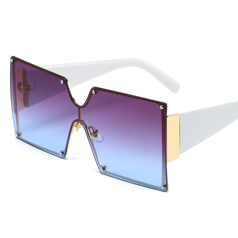 Sunglasses with gradient purple and blue lenses on a white background
