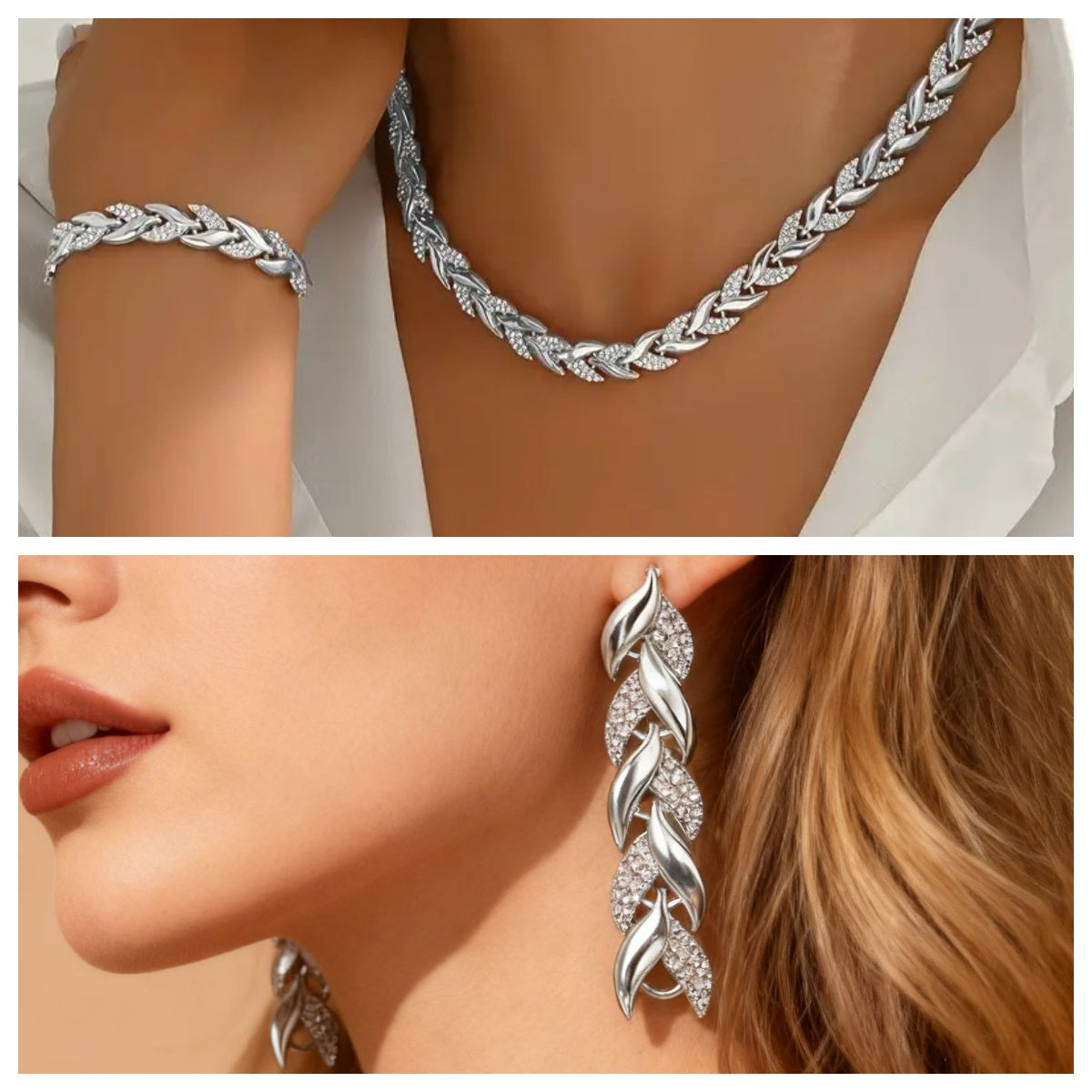 Silver braided necklace, bracelet, and earring set on a model.
