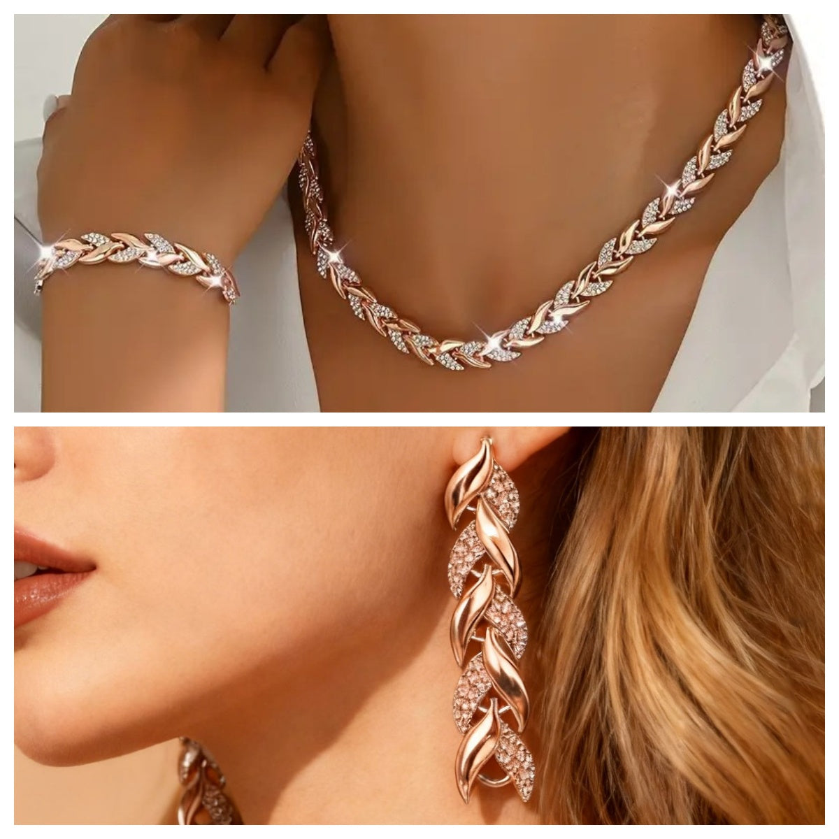 Rose gold braided leaf necklace, bracelet, and earring set on a model