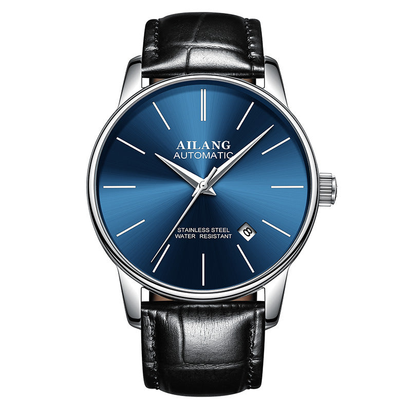 Ailang gents automatic watch with blue dial and black leather strap