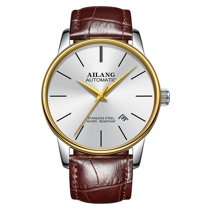 Ailang gents automatic watch with brown leather strap and gold accents