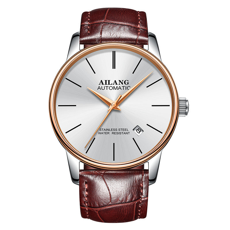 Ailang gents automatic watch with brown leather strap