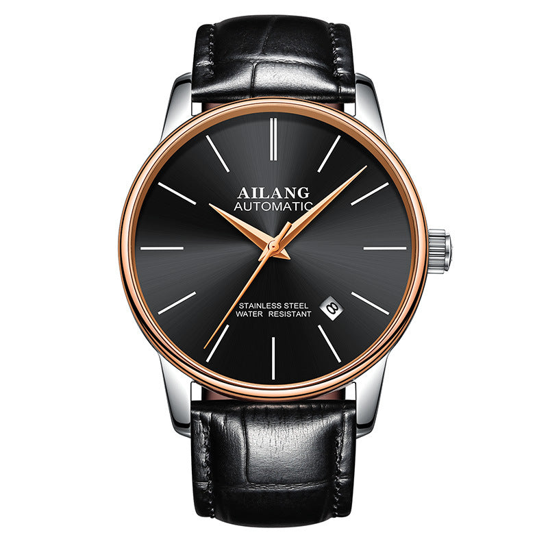 Ailang automatic watch with black dial and black leather strap