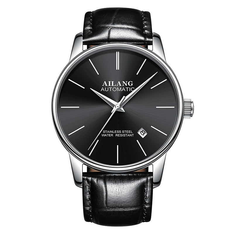 Black gents automatic watch with silver case and black leather strap