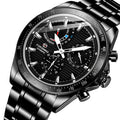 Black mens mechanical watch with detailed face and steel strap