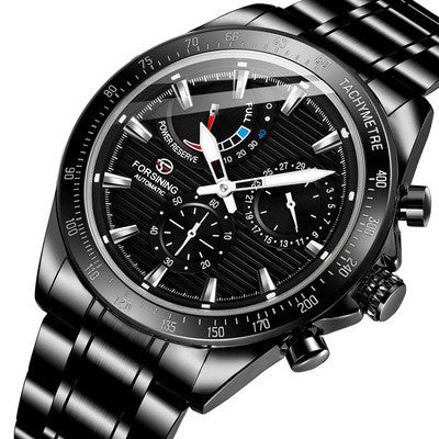 Black mens mechanical watch with detailed face and steel strap